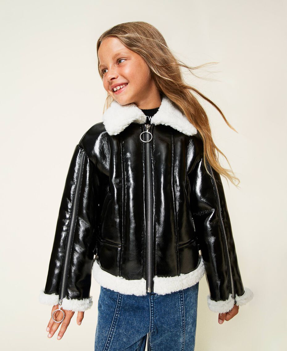 Leather-like biker jacket with faux fur Black Child 222GJ2010-01