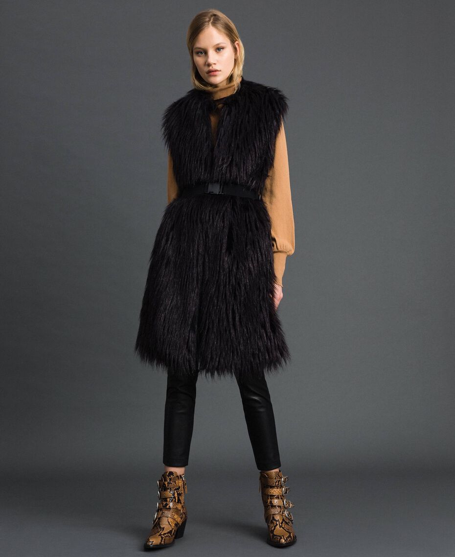 Long faux fur and wool cloth waistcoat Black / “Sequoia” Beige Woman 192ST2031-01