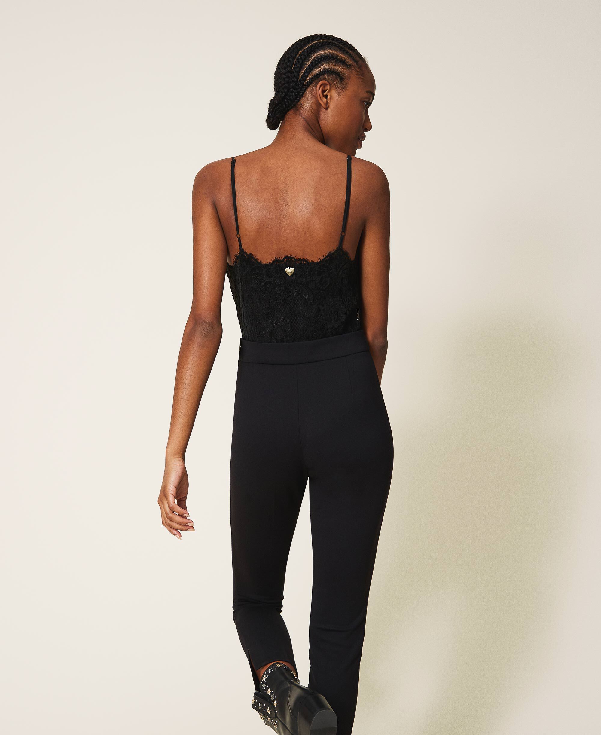 Crêpe de Chine and lace jumpsuit Woman, Black | TWINSET Milano