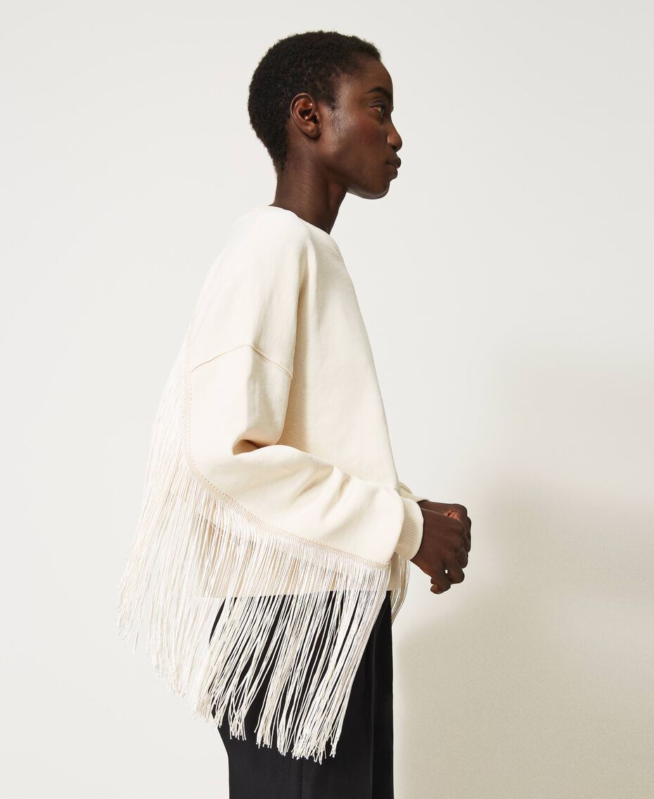 Cropped sweatshirt with fringes Woman, White | TWINSET Milano
