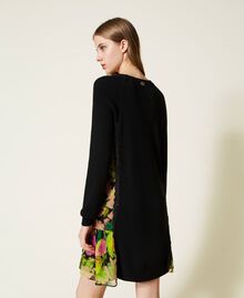 Short knit dress with floral inserts Two-tone Black / Neon Crazy Flowers Print Woman 222TT3531-04
