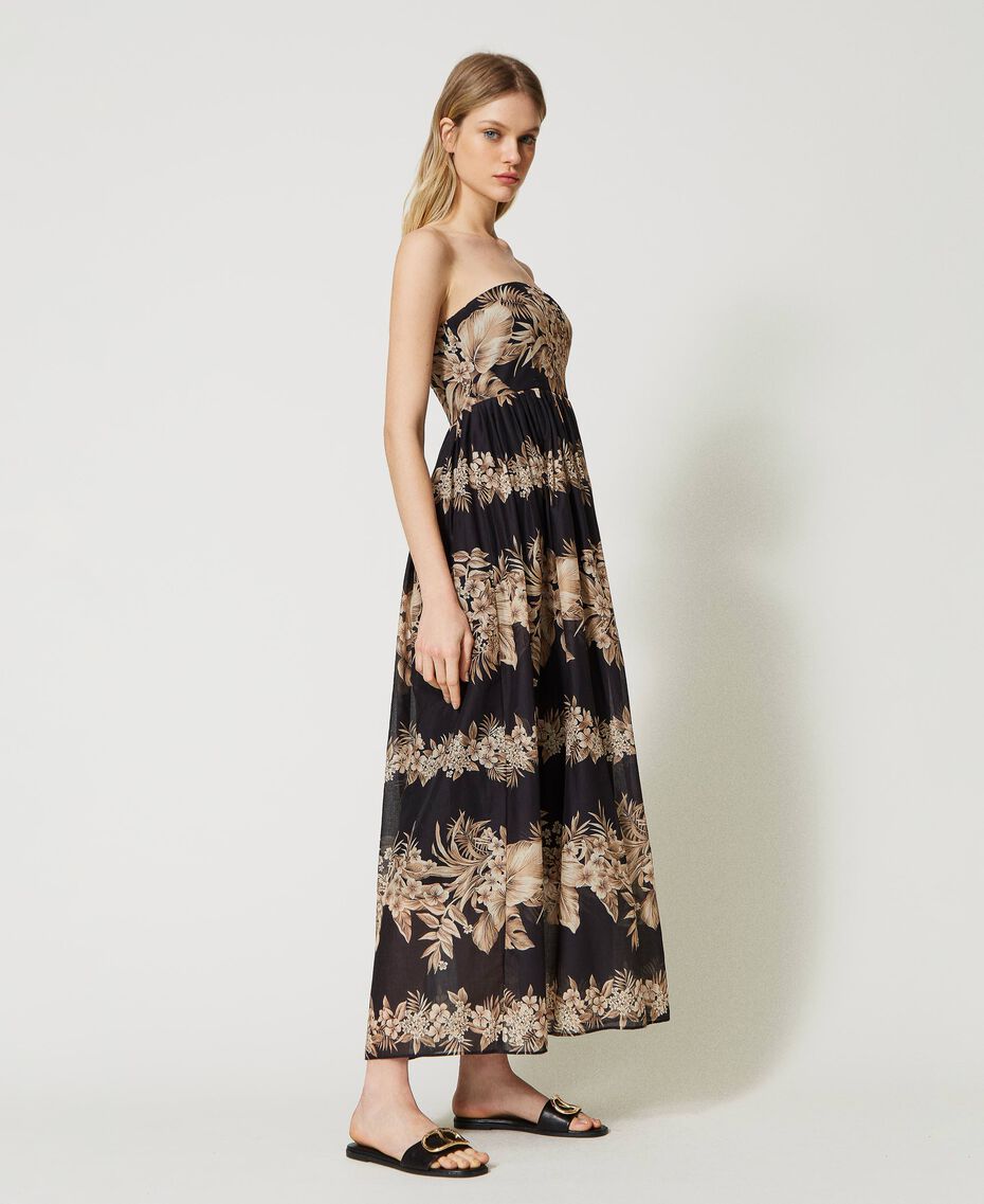 Printed muslin bustier dress Black / “Pale Hemp” Beige Hibiscus Print Woman 231TT2450-02