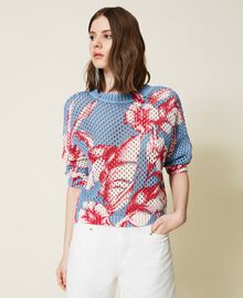 Printed mesh jumper-cardigan “Infinity” Light Blue /”Snow” White Hibiscus Print Woman 221TT3201-05