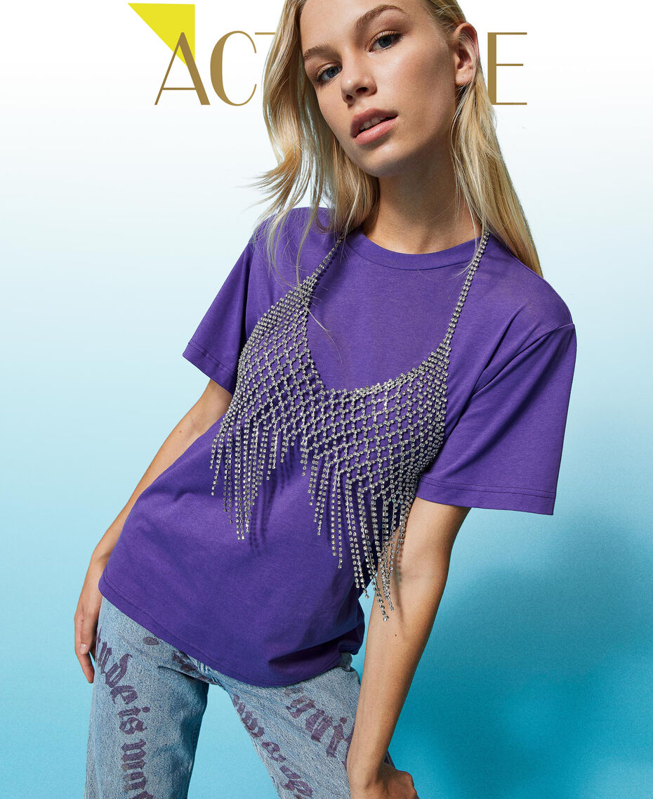 T-Shirt mit Strassbesatz im oberen Bereich „Prism Violet“-Violett Frau 222AP2036-01
