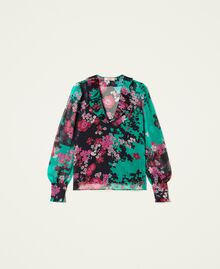 Bluse aus geblümtem Krepon mit Volant Print Autumn Flowers „Peppermint“-Grün / Schwarz Frau 222TP2693-0S