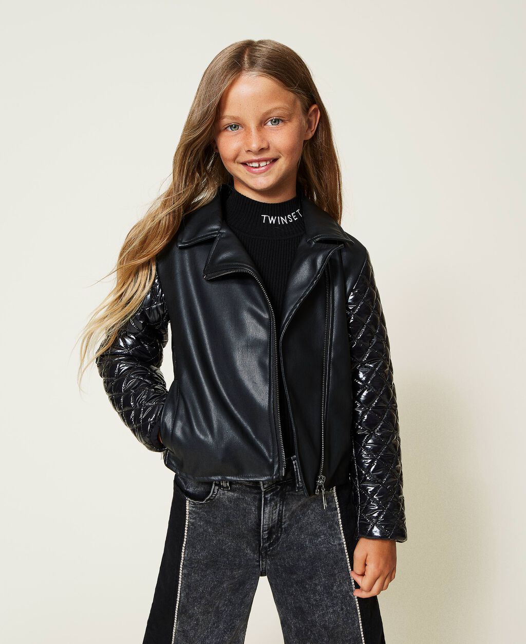 Leather-like biker jacket with nylon Child, Black | TWINSET Milano