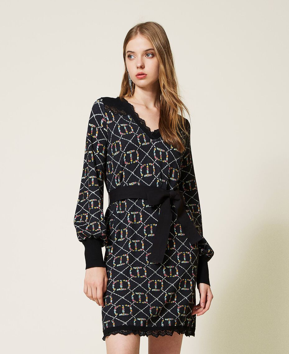 Short knit dress with logo print Flower / Black Oval T Design Woman 222TT3513-01
