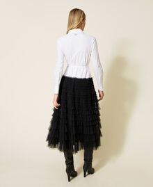 Long poplin dress with pleated tulle Optical White / Black Woman 222TP2110-04