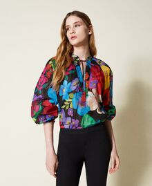 Floral muslin blouse Black Mexico Flower Print Woman 221TT2309-01