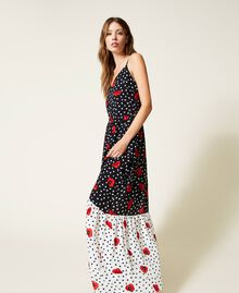 Long dress with heart and poppy print Two-tone Black / Off White Romantic Poppy Print Woman 222TQ2019-01
