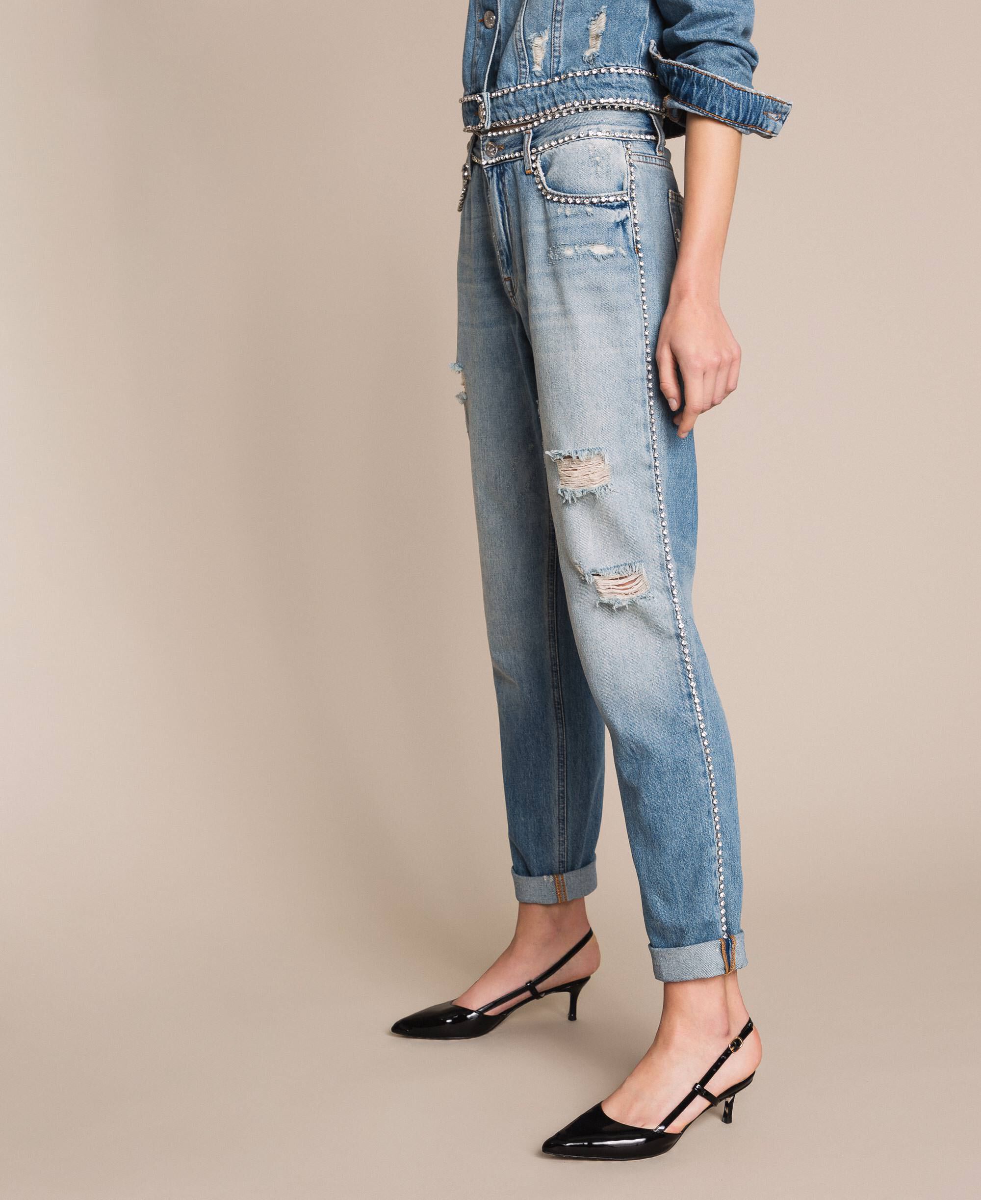 Jeans girlfriend con strass Donna, Blu TWINSET Milano