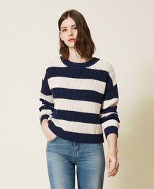Striped jumper-cardigan Two-tone Indigo Blue / "Snow” White Woman 221TP346K-05