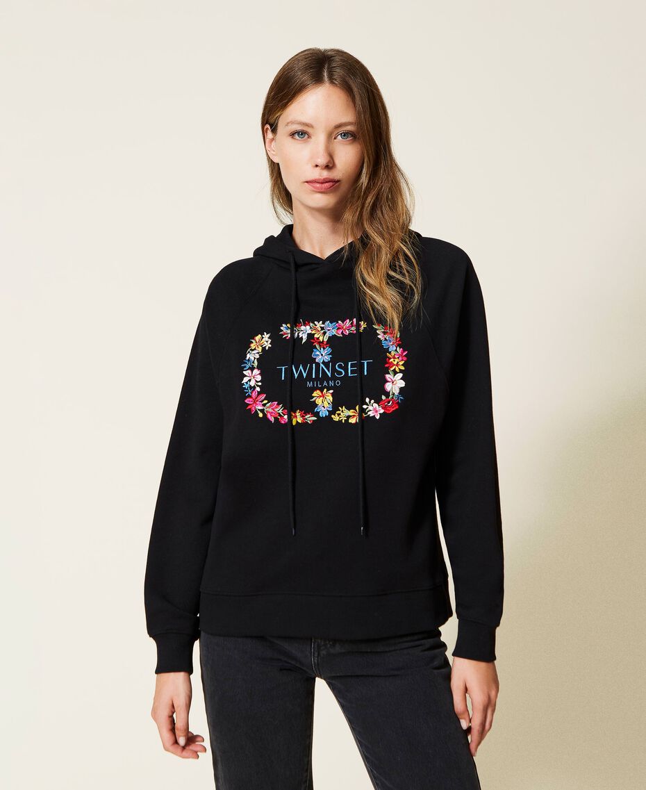 Hoodie with logo and floral embroidery Black Woman 222TT2390-01
