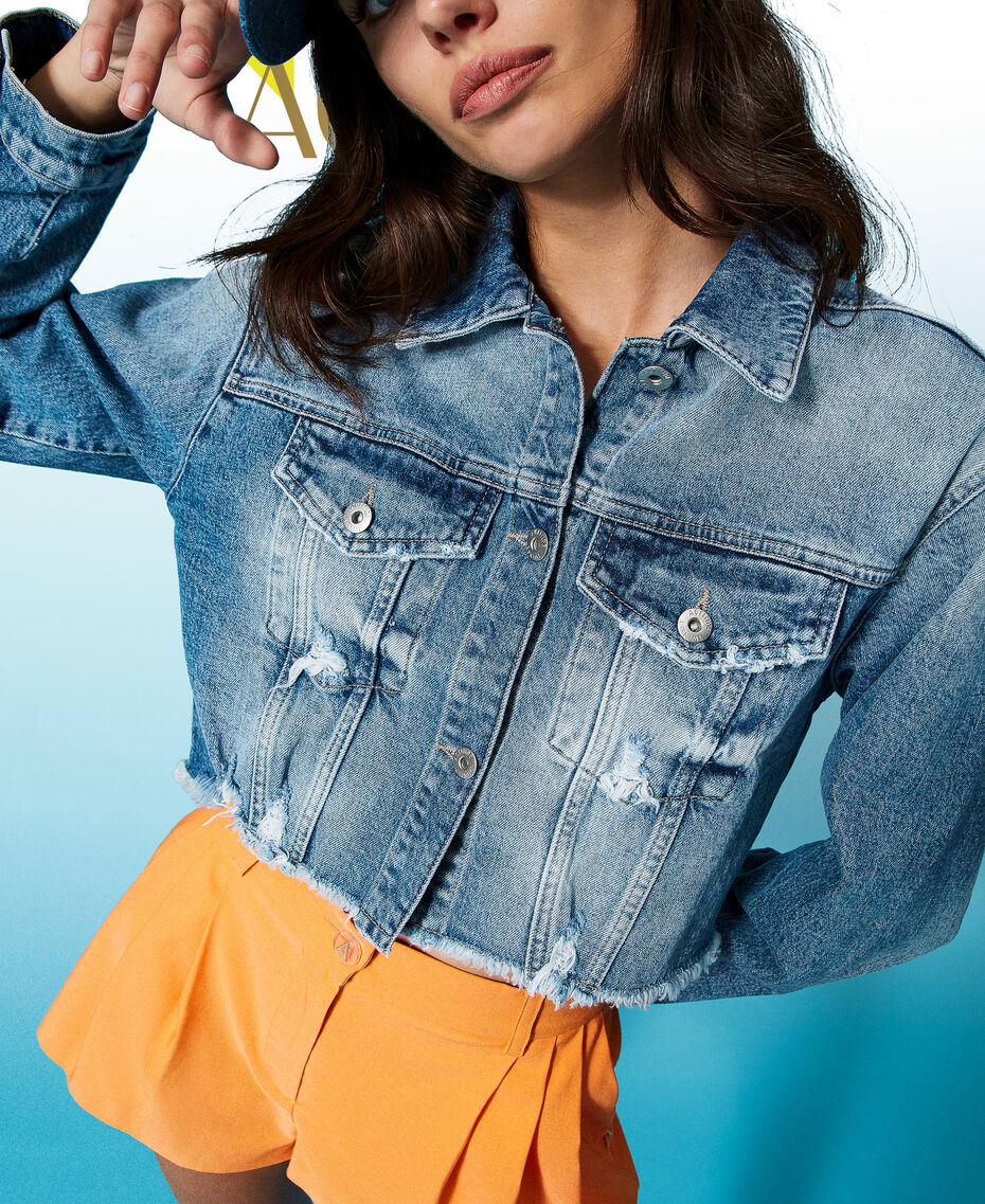 Cropped denim jacket with rips Mid Denim Woman 231AP2423-01