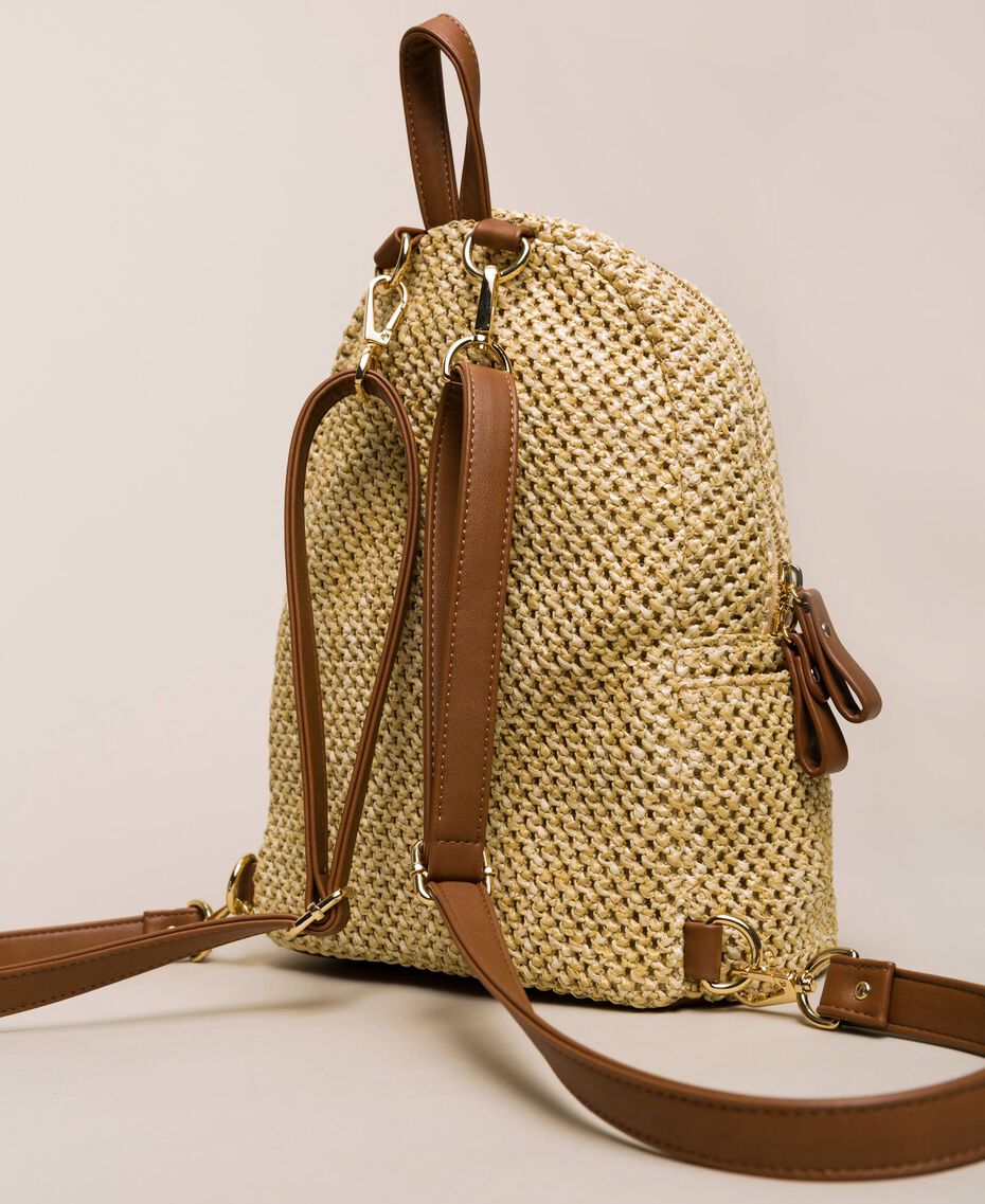 Raffia and faux leather backpack Woman, White | TWINSET Milano