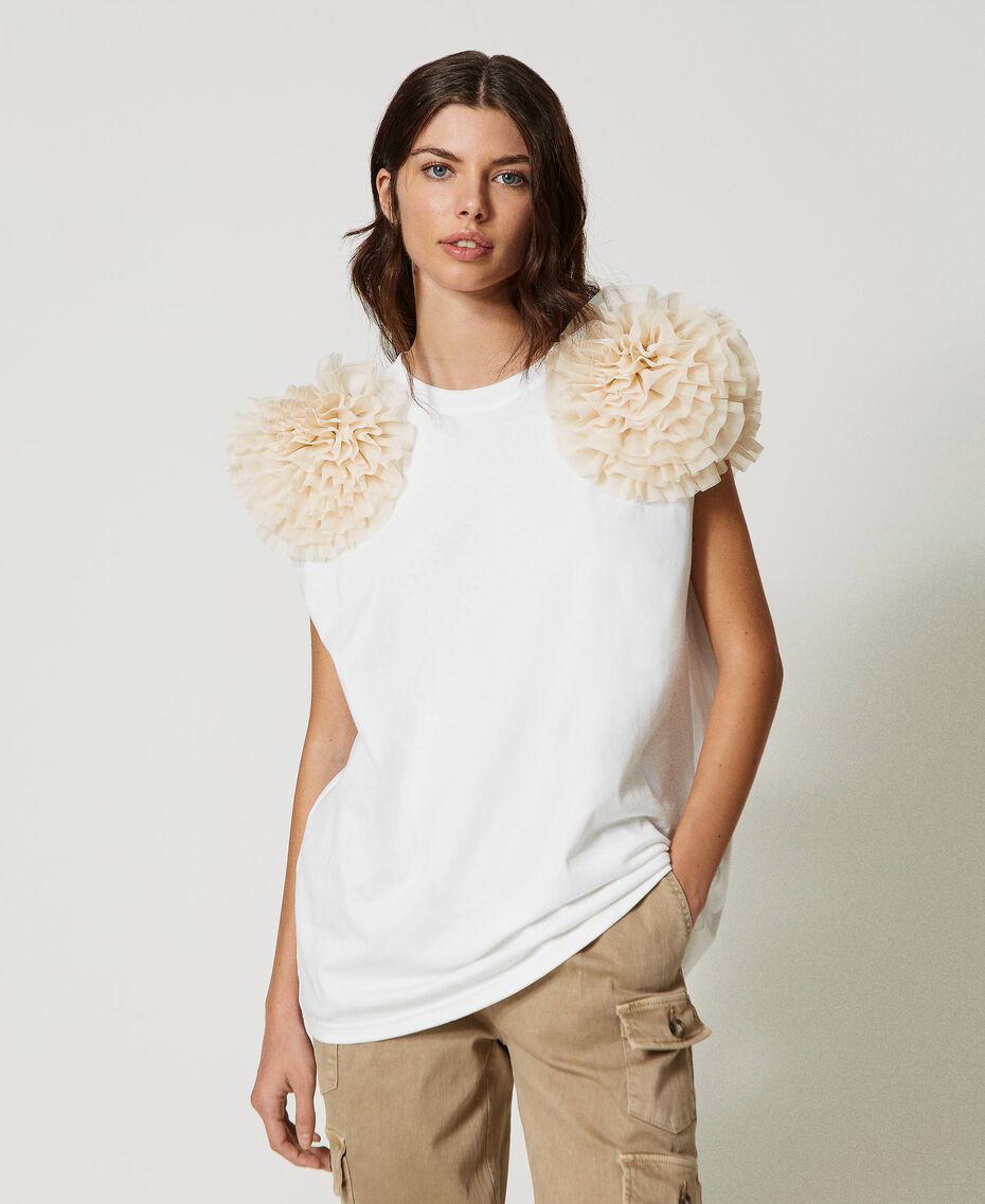 Maxi t-shirt with gathered tulle Two-tone "Papyrus" White / Chantilly Woman 231AP2280-02
