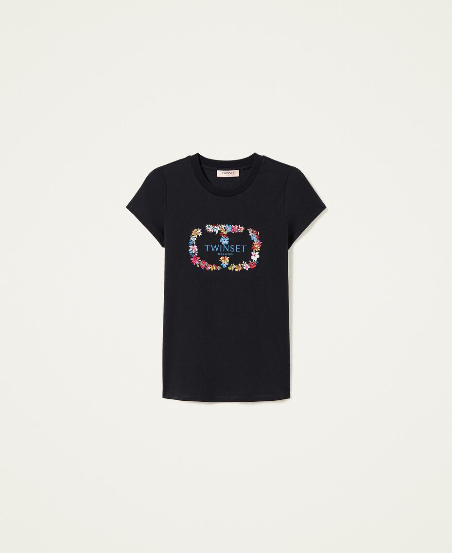 T-shirt with logo and floral embroidery Black Woman 222TT2151-0S
