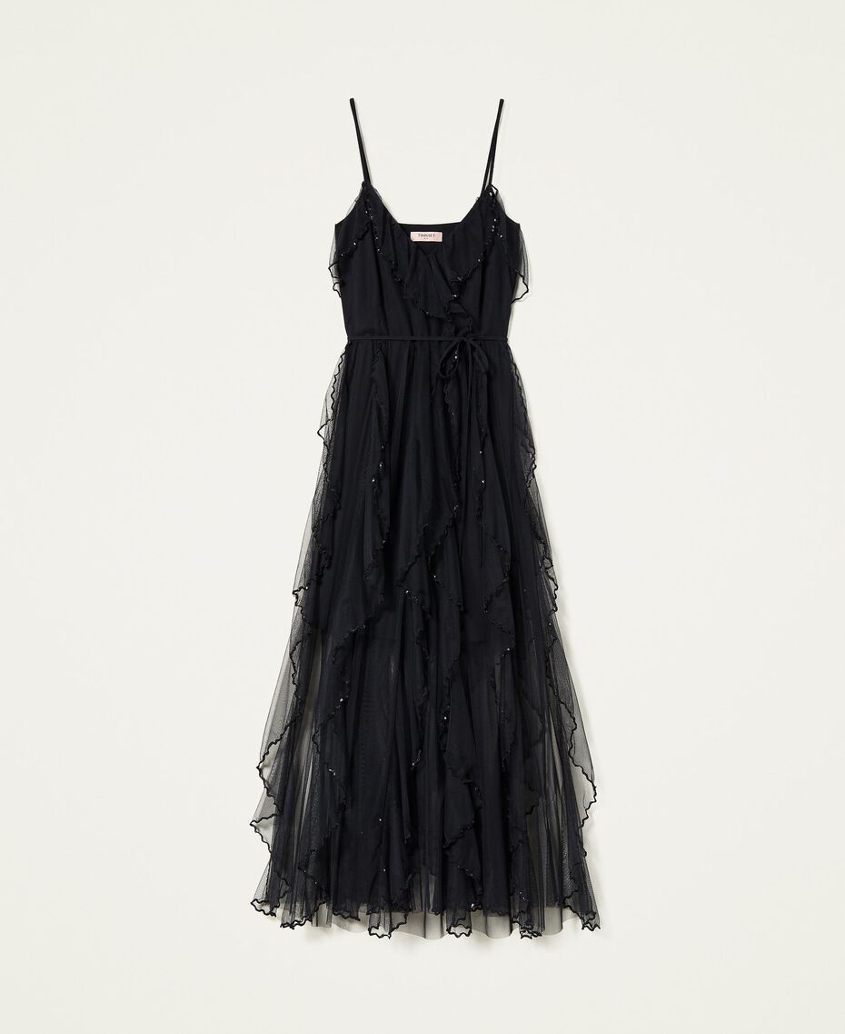 Tulle dress with shoulder straps and ruffles Black Woman 222TT2021-0S