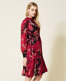 Midi creponne floral dress Fuchsia / Black Autumn Flowers Print Woman 222TP2692-03