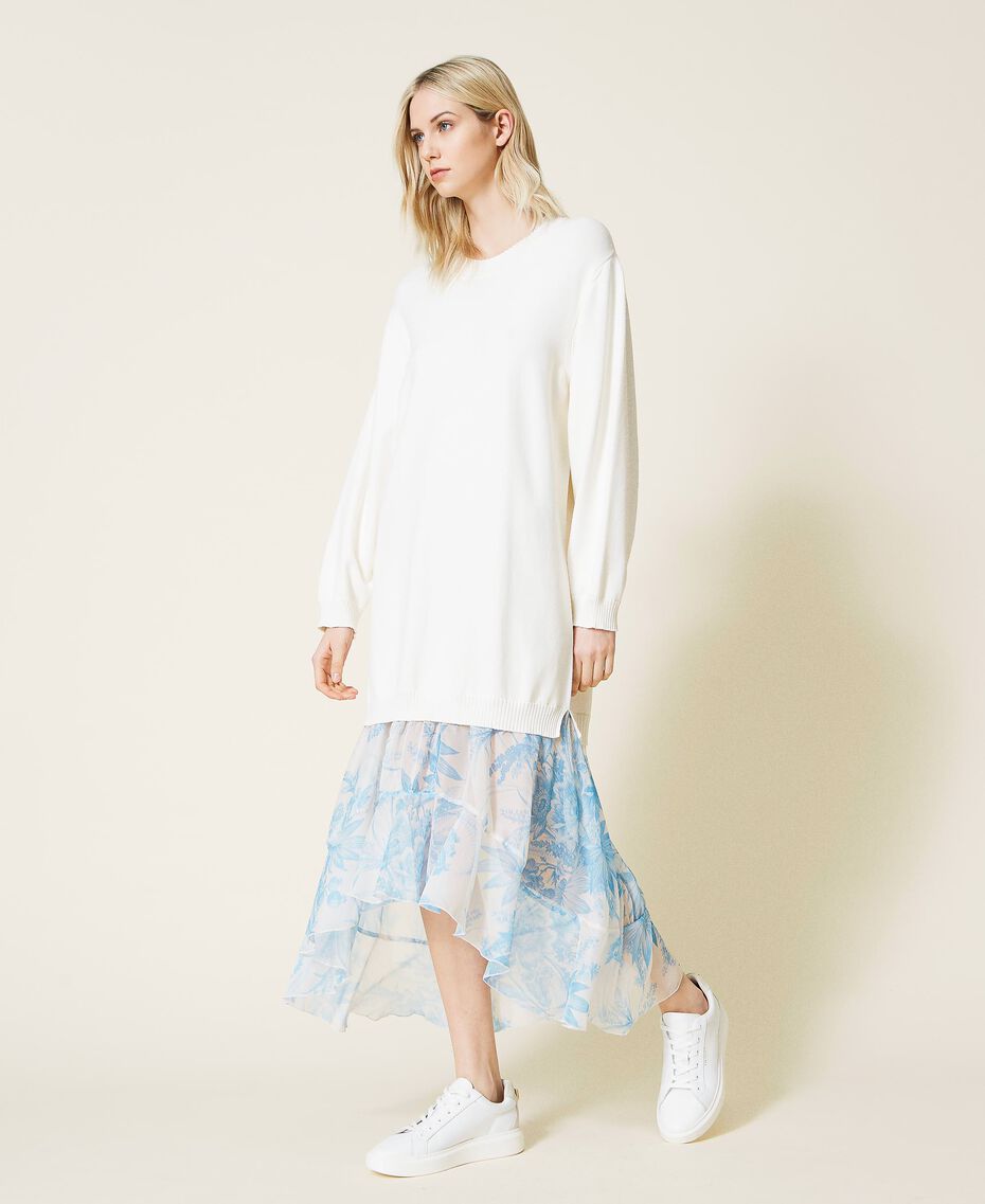 Robe longue avec crépon floral toile de Jouy Bicolore Blanc « Neige »/Imprimé Fleur Sanderson Blanc « Neige »/Bleu Femme 221TP345A-02