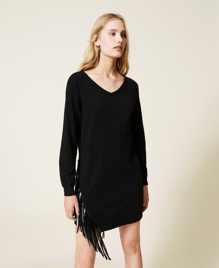 Short wool blend dress with fringes Black Woman 222TT3120-02