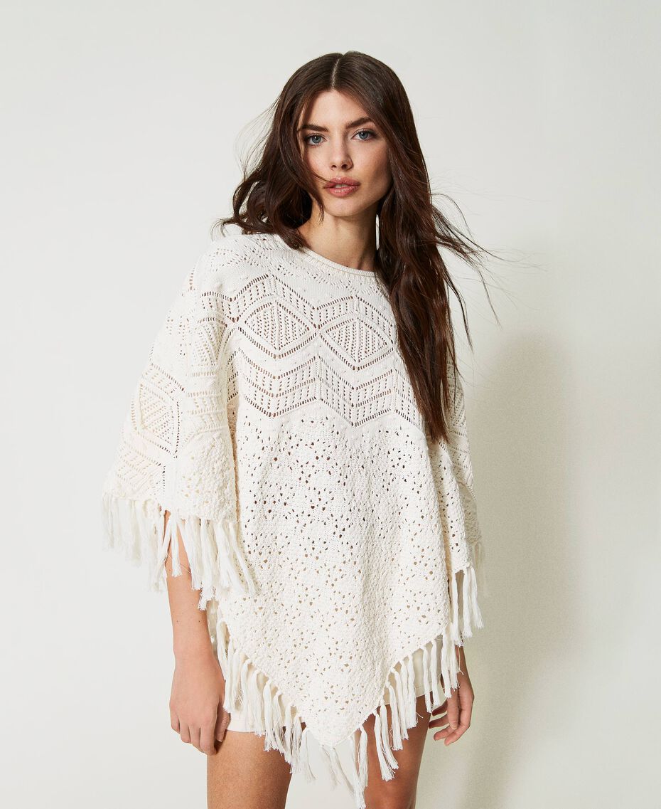 Knit poncho with fringes Mother Of Pearl Woman 231AA4240-02