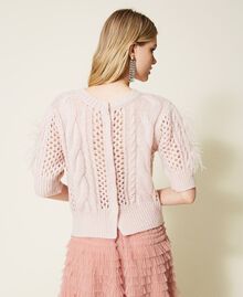 Cardigan-jumper with cable knit and feathers Parisienne Pink Woman 222TP3091-03