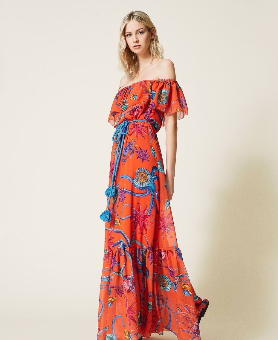 Printed georgette long dress “Orange Sun” Orange Seashell Print Woman 221LB2MQQ-02