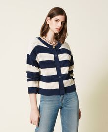 Striped jumper-cardigan Two-tone Indigo Blue / "Snow” White Woman 221TP346K-02