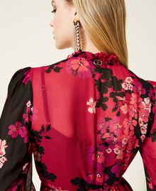Midi creponne floral dress Fuchsia / Black Autumn Flowers Print Woman 222TP2692-05