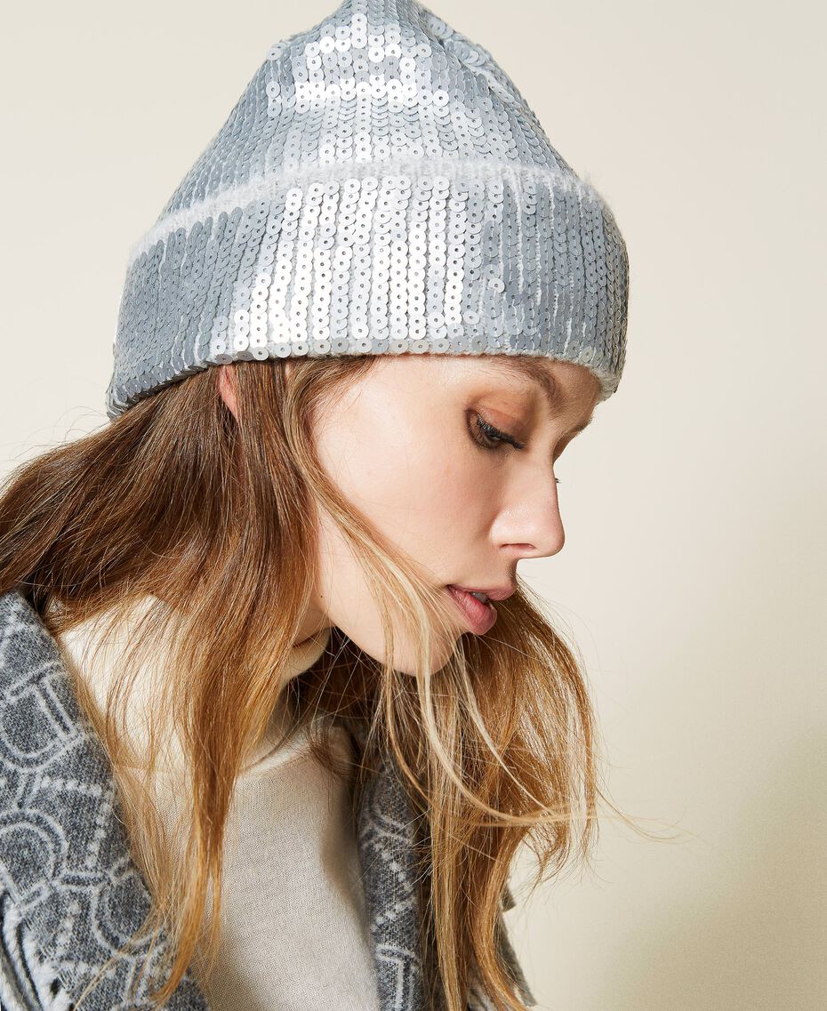 Knit beanie with sequins Silver Woman 222TA4043-0S