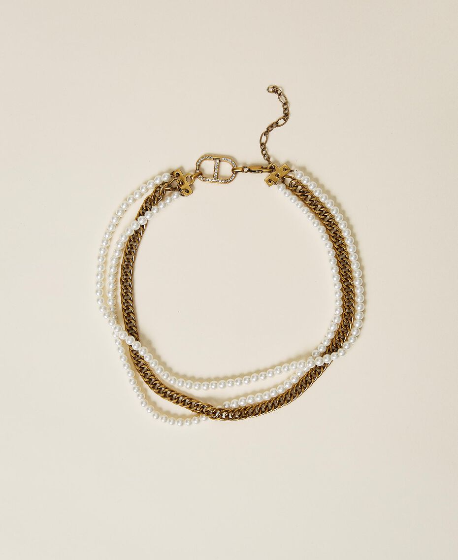 Chain and pearl necklace with logo Two-tone Coppery Aged Brass / Crystal Silver Woman 222TA4021-01