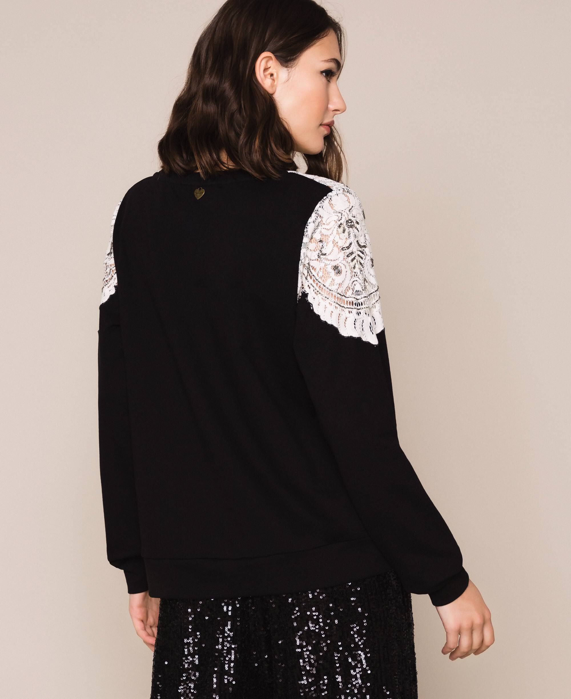 Sweatshirt with lace inlay and embroidery Woman, Black TWINSET Milano
