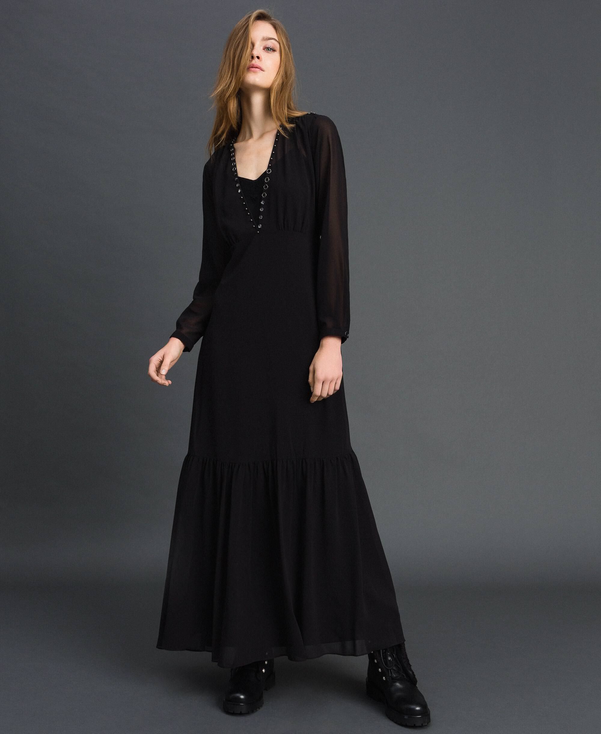 Long georgette dress with beads and studs Woman, Black | TWINSET Milano