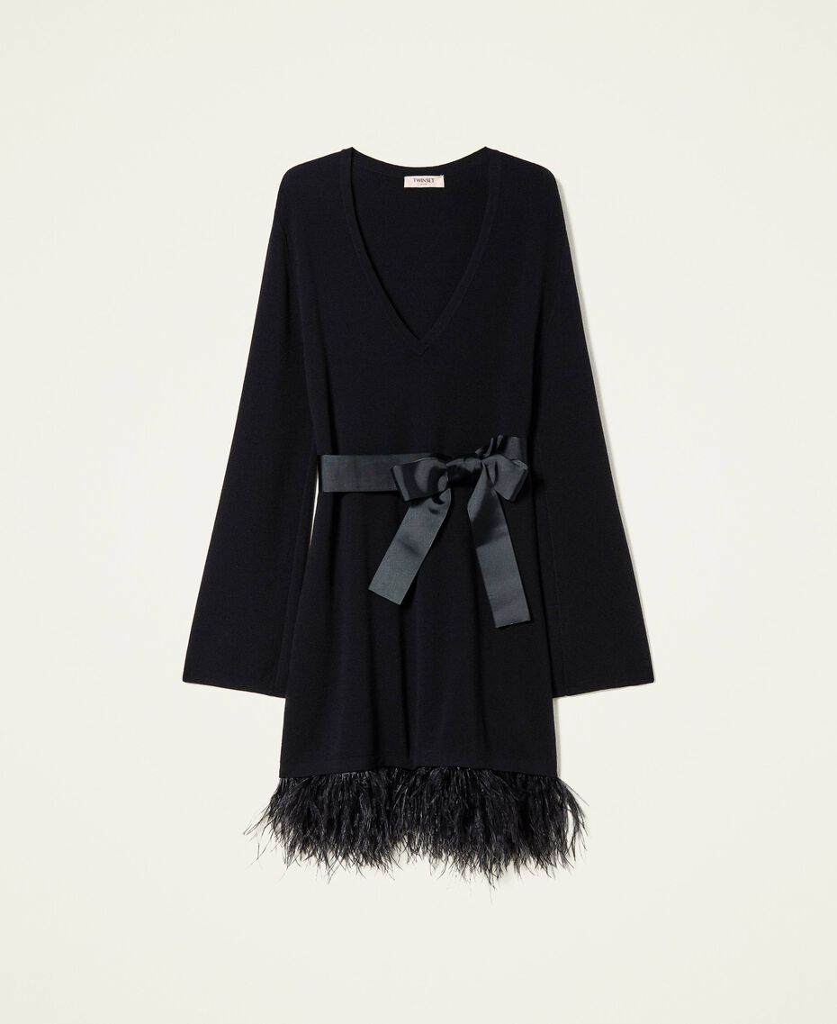Short knit dress with feathers Black Woman 222TP3041-0S