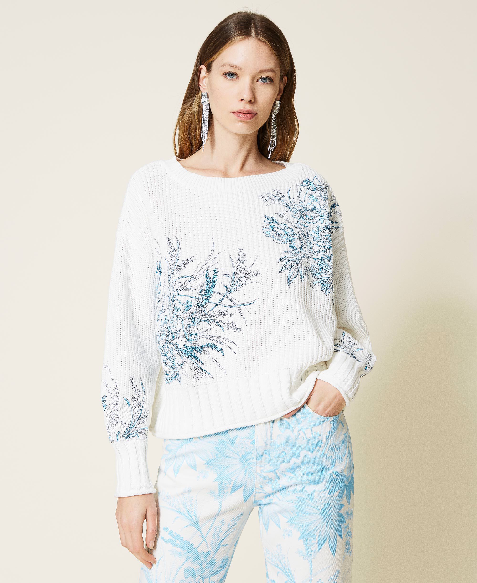 Jumper with floral embroidery Woman, White | TWINSET Milano