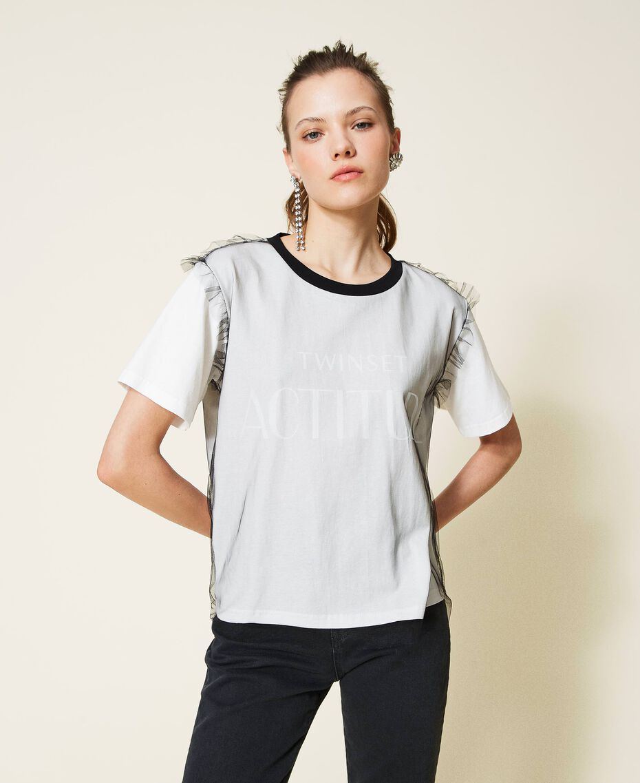 T-shirt doublé en tulle avec logo Bicolore Noir/Blanc Gardénia Femme 221AT2186-02