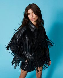 Leather-like jacket with fringes Black Woman 231AP2460-02