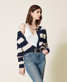 Striped jumper-cardigan Two-tone Indigo Blue / "Snow” White Woman 221TP346K-01