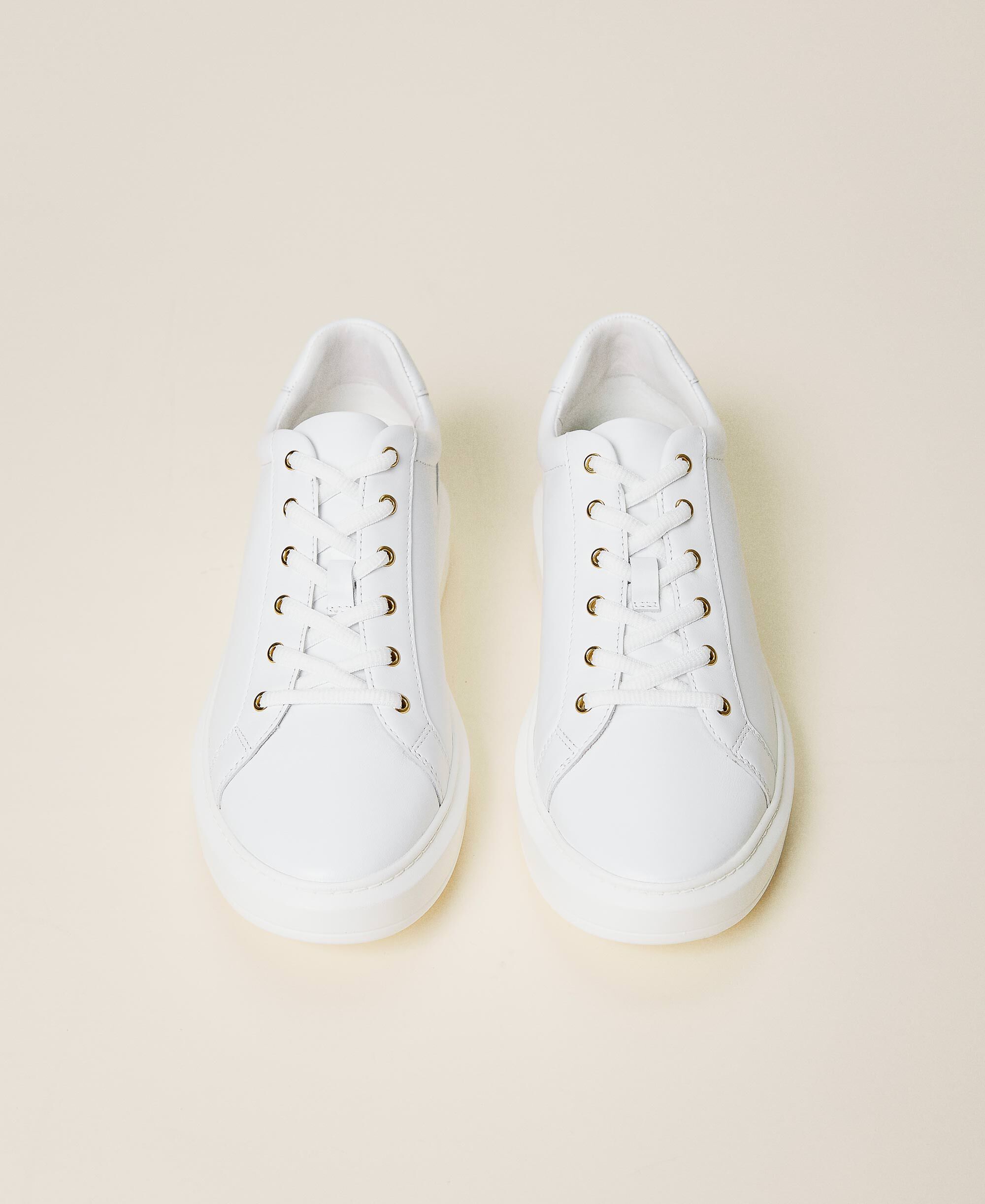 Leather trainers with rhinestone logo Woman, White | TWINSET Milano