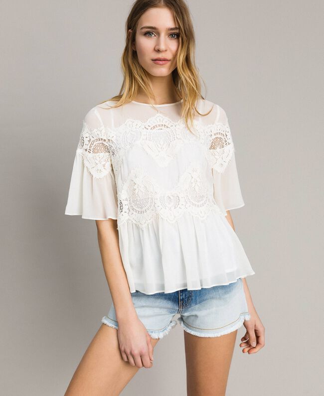 Georgette blouse with lace White Snow Woman 191TT2101-01