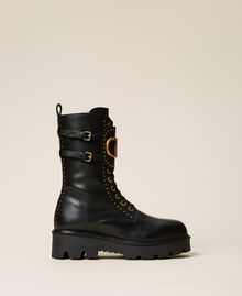 Leather combat boots with rivets and logo Black Woman 222TCP154-01