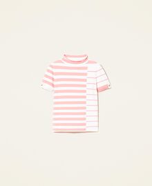Turtleneck jumper with mixed jacquard stripes "Snow” White / "Peach Blossom” Pink Stripe Woman 221TP3083-0S