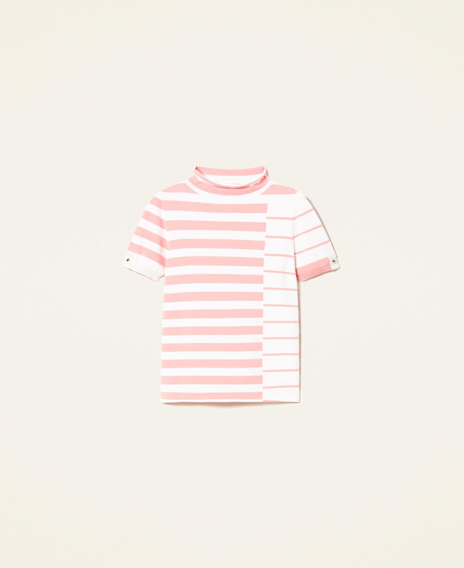Turtleneck jumper with mixed jacquard stripes "Snow” White / "Peach Blossom” Pink Stripe Woman 221TP3083-0S
