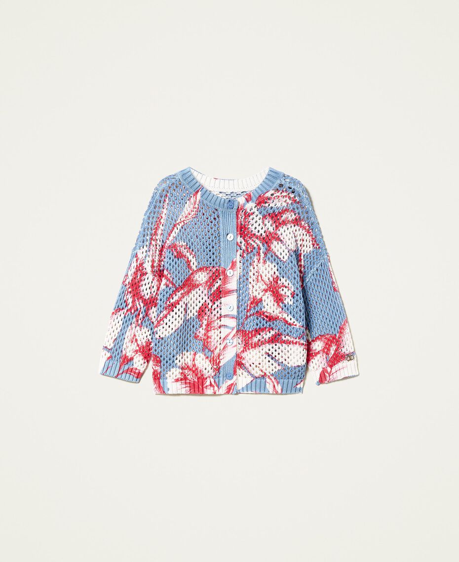 Printed mesh jumper-cardigan “Infinity” Light Blue /”Snow” White Hibiscus Print Woman 221TT3201-0S
