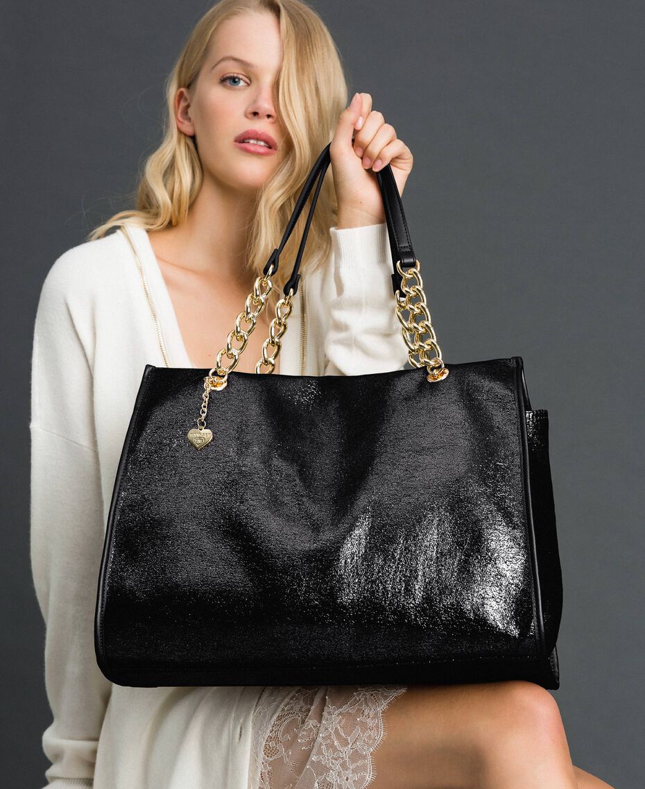 Faux leather glitter travel bag Black Woman 192LL7ZFF-0S