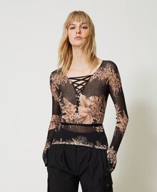Dual-use printed jumper with tie-up laces Black / “Pale Hemp” Beige Hibiscus Print Woman 231TT3191-02