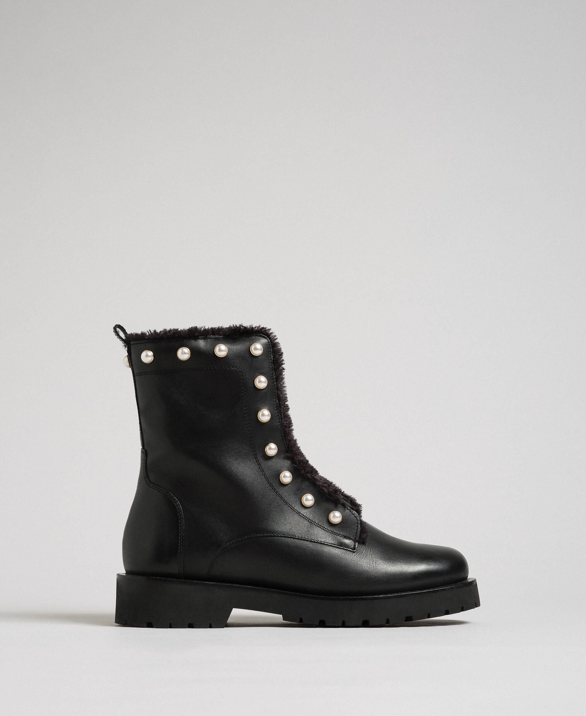Leather combat boots with pearls Woman, Black | TWINSET Milano