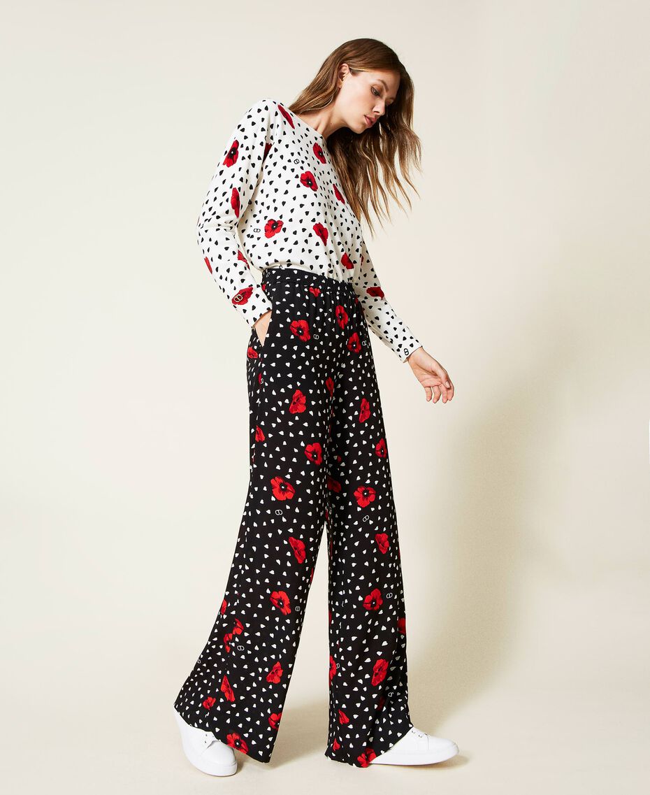 Pantalon avec imprimé cœurs et coquelicots Imprimé Romantic Poppy Noir Femme 222TQ201C-03