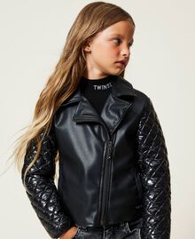 Leather-like biker jacket with nylon Black Child 222GJ232A-04